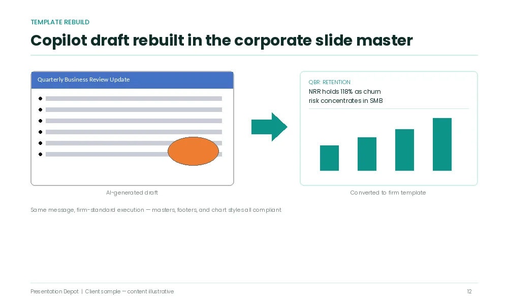 Copilot draft slides corporate template rebuild
